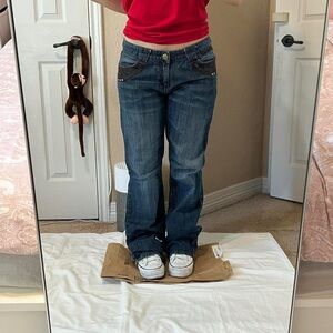 brown leather detail denim jeans